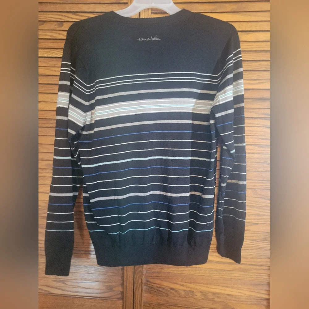 Travis Mathew Black and Blue Striped Crewneck‎ Sweater Mens Size Medium